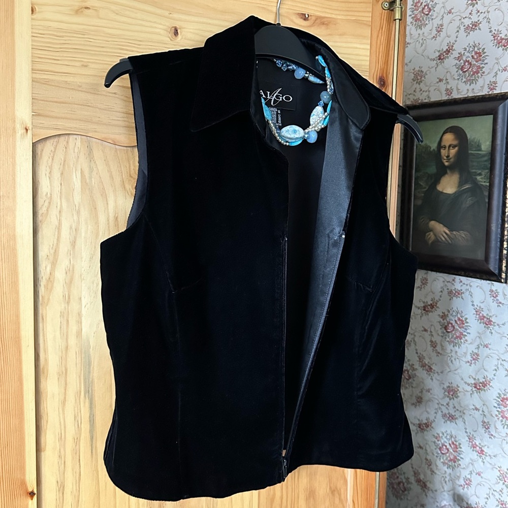 Algo Black Velvet and Satin Zippered Vest, size10, 21” long, $40